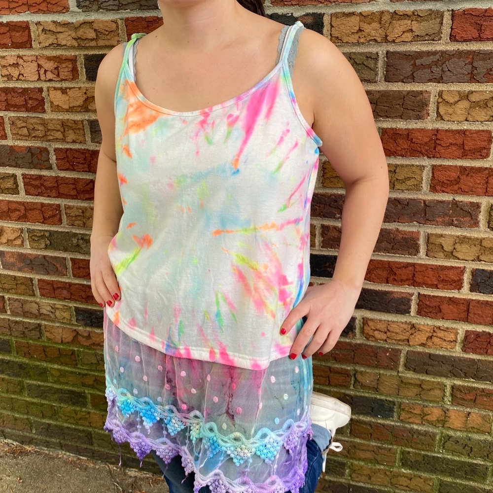 Rainbow tie dye camisole with lace on bottom - Picture 7 of 13